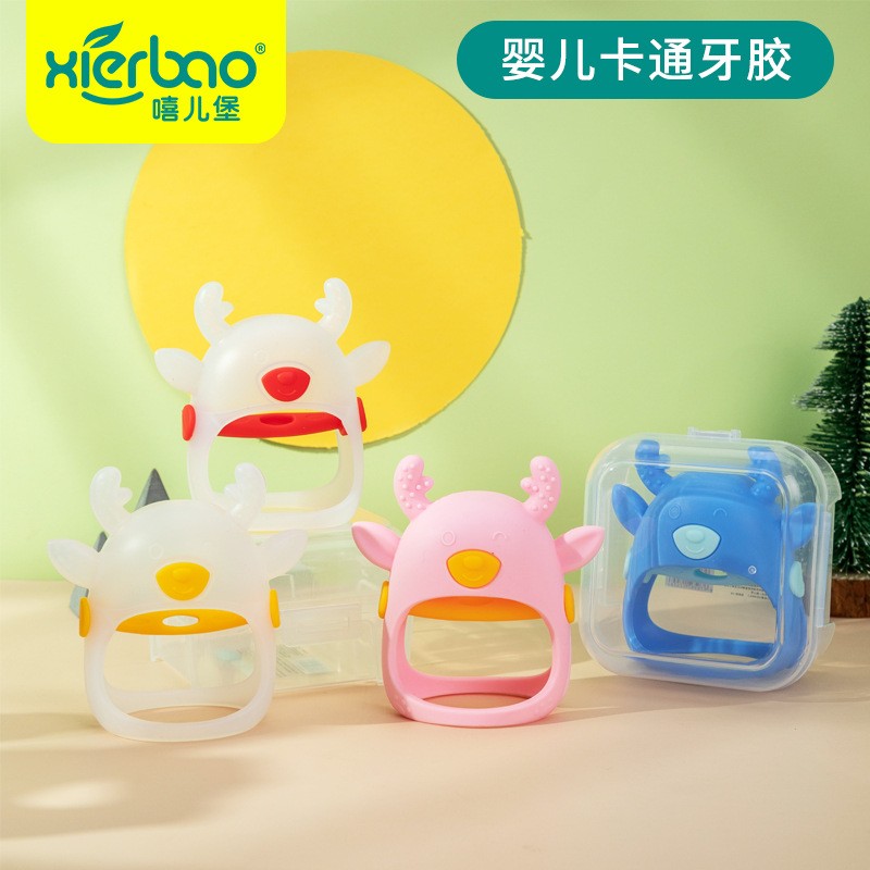 Hand grasping fawn full silicone teether